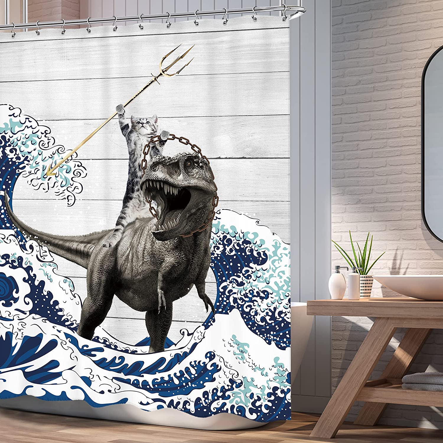Rustic Wooden Farmhouse Shower Curtain with Cool Cat, Dinosaur, and Ocean Wave Design for Kids Bathroom Decor