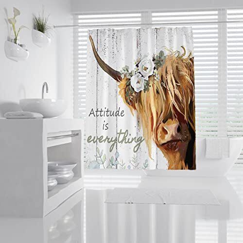 Rustic Wooden Flower Leaf And Funny Quote Highland Cow Shower Curtain