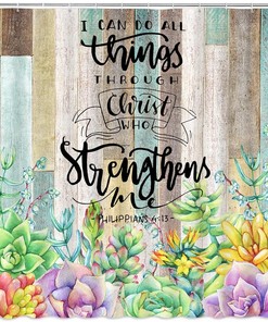 Rustic Wooden Inspirational Quotes Shower Curtain With Tropical Succulent Cactus Floral Design