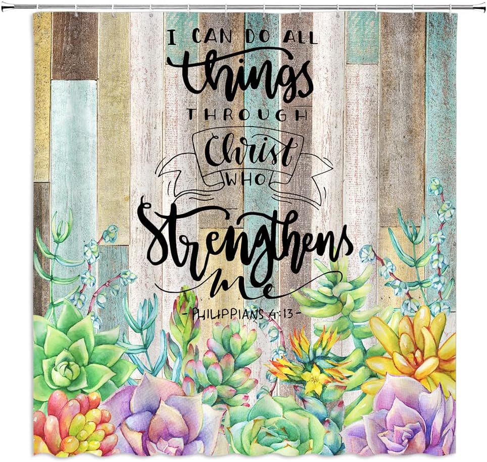 Rustic Wooden Inspirational Quotes Shower Curtain With Tropical Succulent Cactus Floral Design