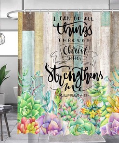 Rustic Wooden Inspirational Quotes Shower Curtain With Tropical Succulent Cactus Floral Design