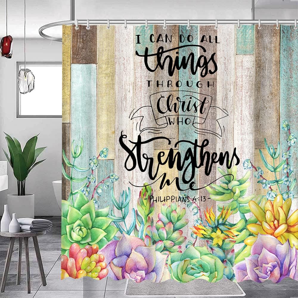 Rustic Wooden Inspirational Quotes Shower Curtain With Tropical Succulent Cactus Floral Design