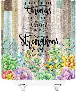 Rustic Wooden Inspirational Quotes Shower Curtain With Tropical Succulent Cactus Floral Design