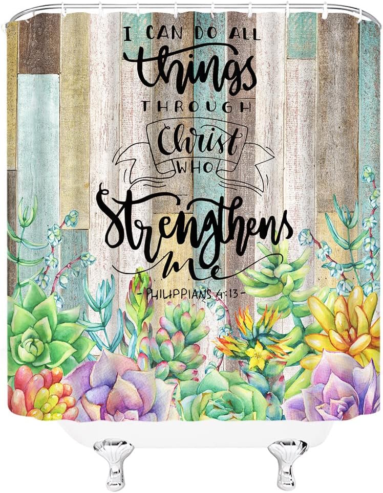 Rustic Wooden Inspirational Quotes Shower Curtain With Tropical Succulent Cactus Floral Design