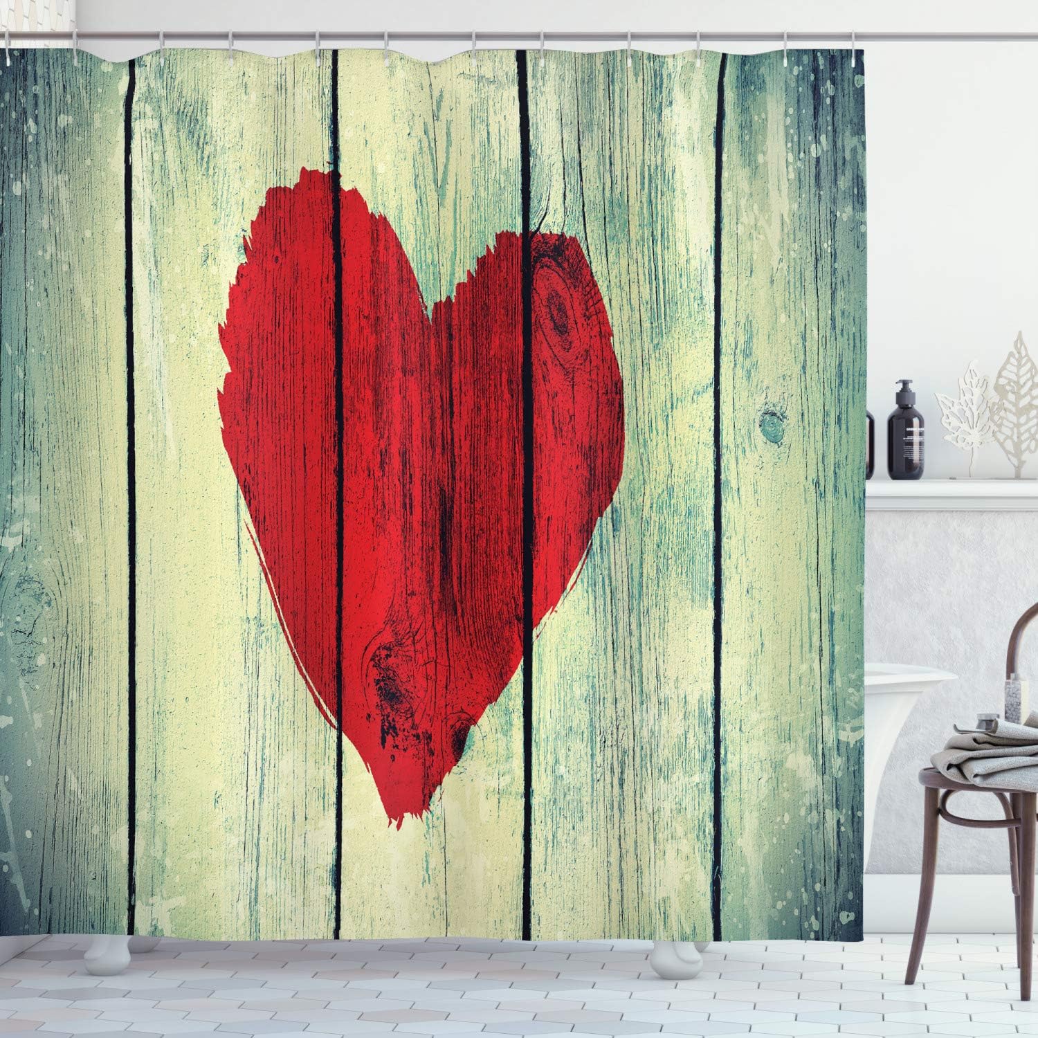 Rustic Wooden Love Shower Curtain With Heart Painted For Romance And Affection