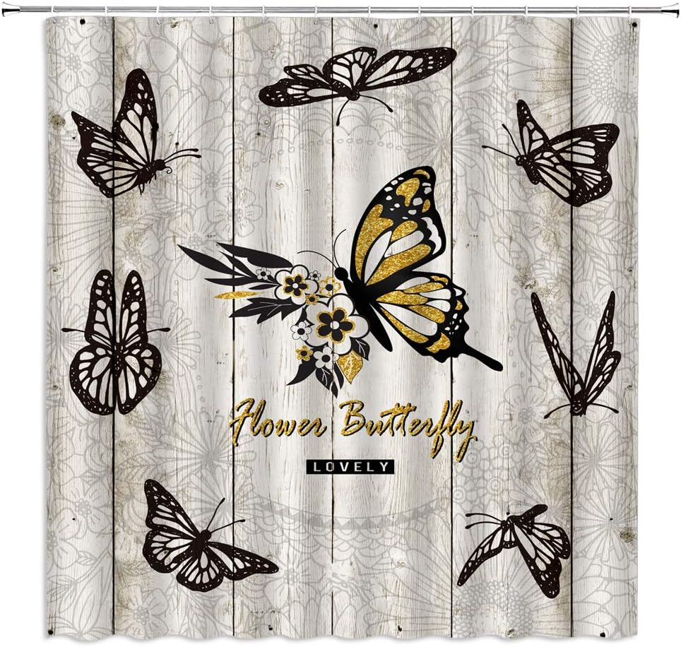 Rustic Wooden Plank Butterfly Print Shower Curtain For Vintage Bathroom