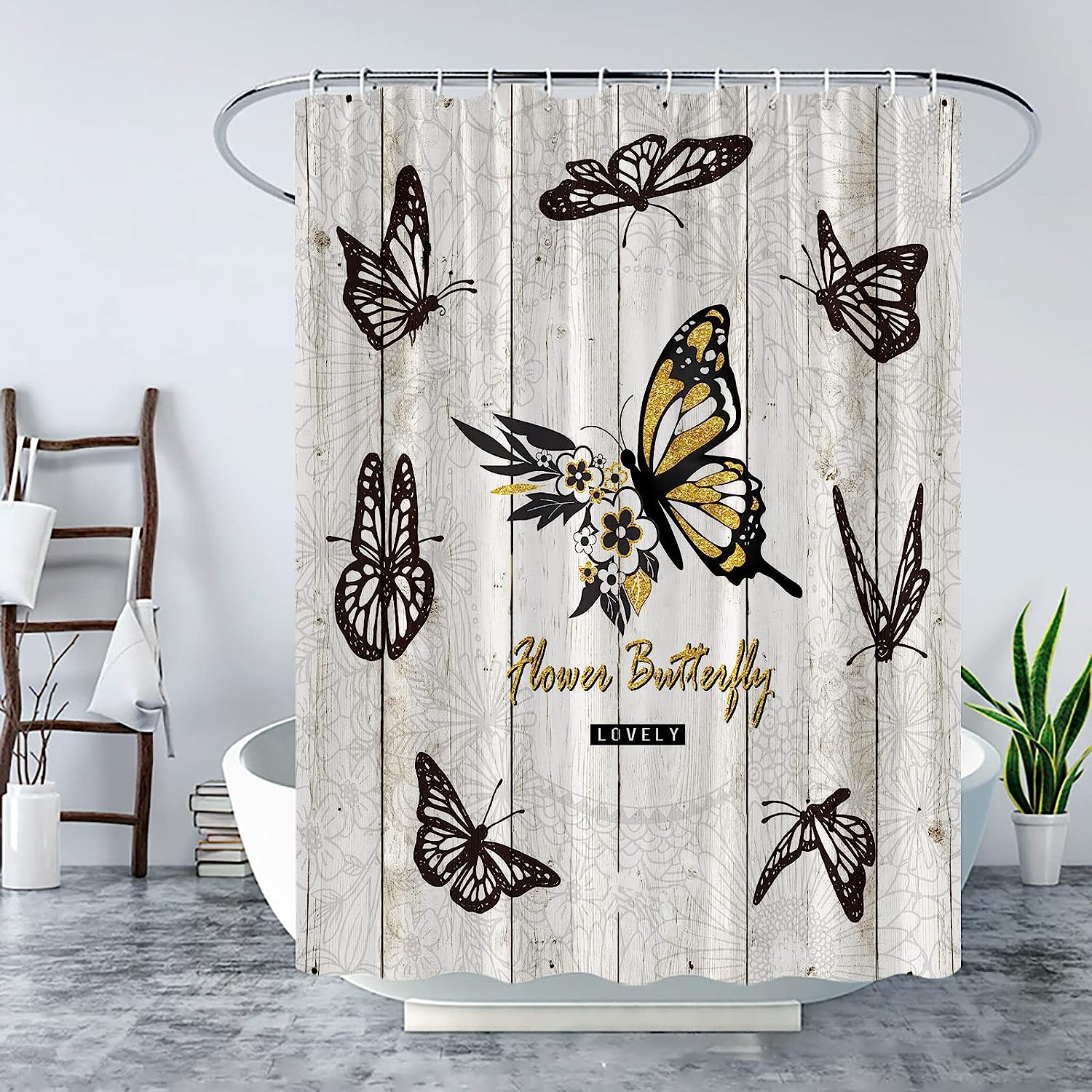 Rustic Wooden Plank Butterfly Print Shower Curtain For Vintage Bathroom - Image 2