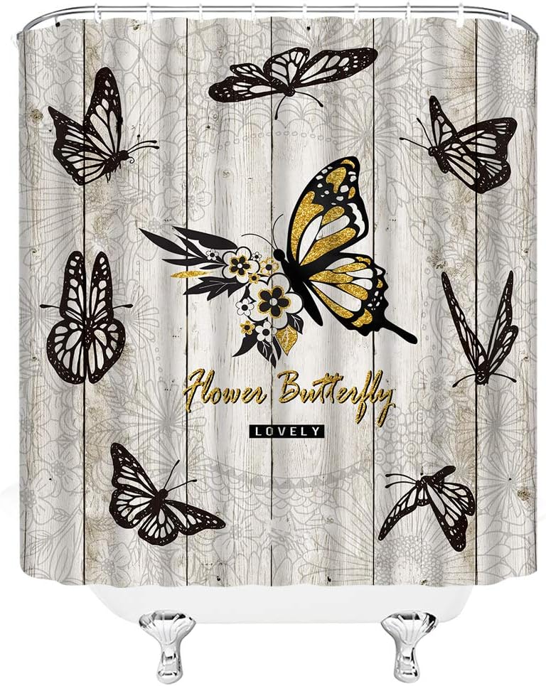 Rustic Wooden Plank Butterfly Print Shower Curtain For Vintage Bathroom - Image 3