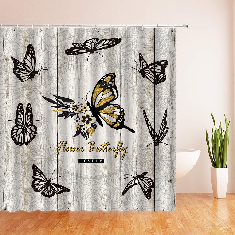 Rustic Wooden Plank Butterfly Print Shower Curtain For Vintage Bathroom - Image 4