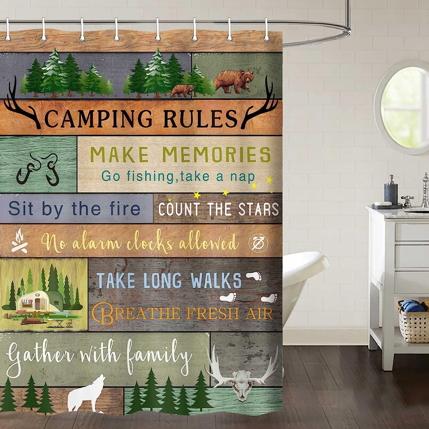 Rustic Wooden Plank Shower Curtain With Fabric Camper Rv Travel Trailers Shower Curtain, Ideal For Farmhouse