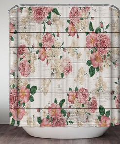 Rustic Wooden Plank Shower Curtain with Pretty Pink Roses for a Charming Country Bathroom