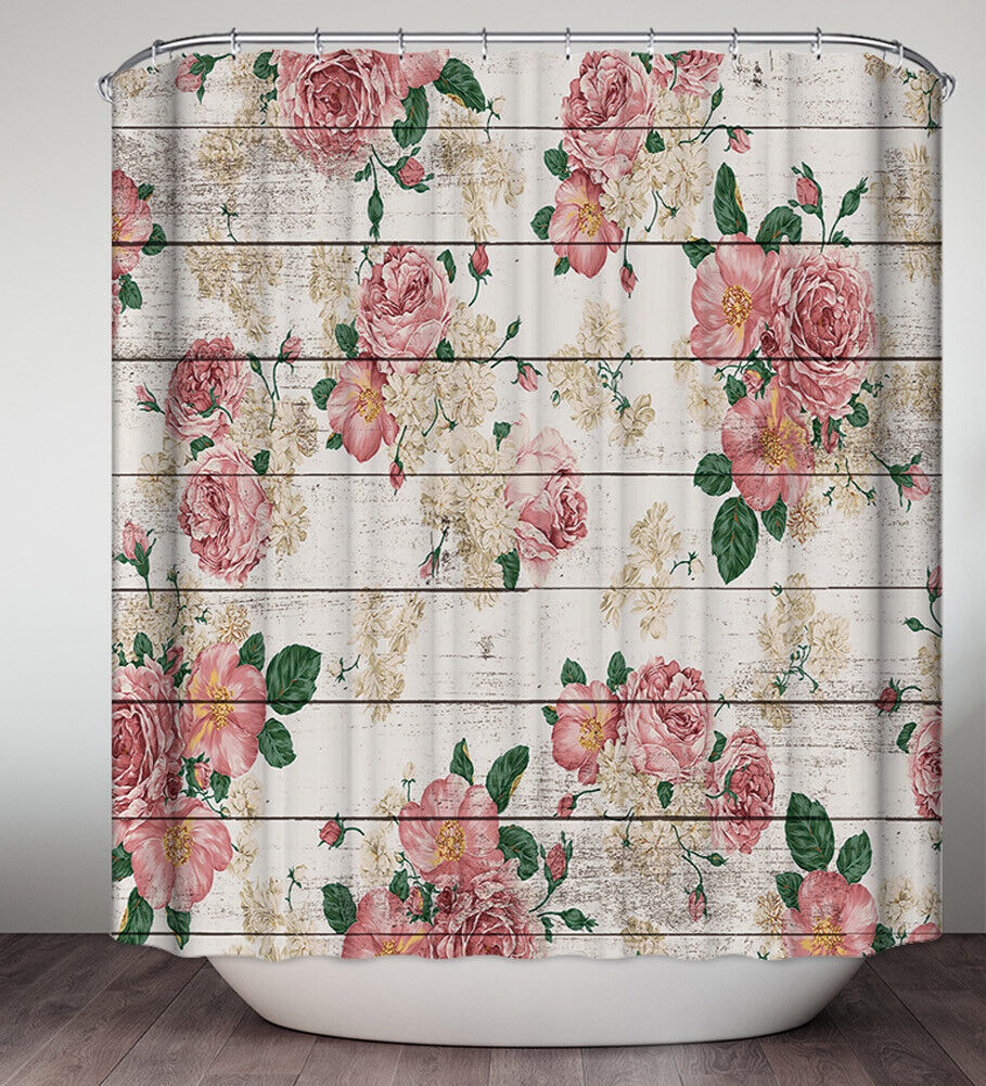 Rustic Wooden Plank Shower Curtain with Pretty Pink Roses for a Charming Country Bathroom