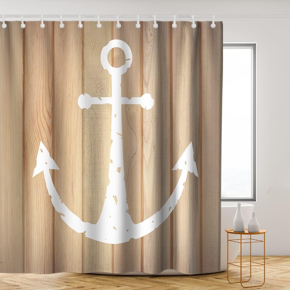 Rustic Wooden Planks Anchor Shower Curtain - LB Nautical Ocean Yellow Background Bathroom Decor