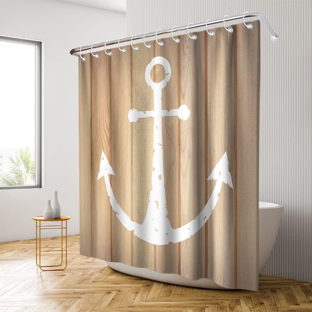 Rustic Wooden Planks Anchor Shower Curtain - LB Nautical Ocean Yellow Background Bathroom Decor
