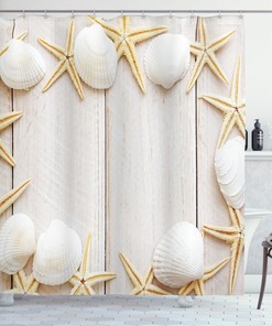 Rustic Wooden Seashell Backdrop Printed Shower Curtain for Nautical Bathroom Decor