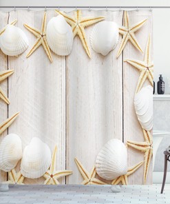 Rustic Wooden Seashell Backdrop Printed Shower Curtain for Nautical Bathroom Decor