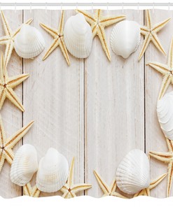 Rustic Wooden Seashell Backdrop Printed Shower Curtain for Nautical Bathroom Decor