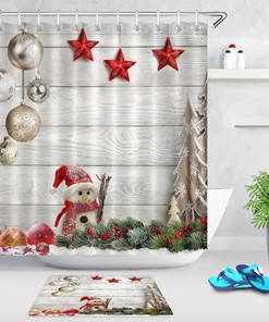 Rustic Wooden Wall Baubles Red Stars Christmas Shower Curtain Bathroom Decor