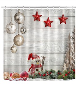 Rustic Wooden Wall Baubles Red Stars Christmas Shower Curtain Bathroom Decor