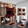 Rustic Woodland Cabin Shower Curtain, Moose Elk Deer Black Bear Wildlife Animal Hunting Lodge Red Plaid Patchwork