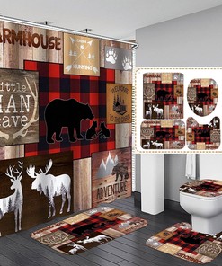Rustic Woodland Cabin Shower Curtain, Moose Elk Deer Black Bear Wildlife Animal Hunting Lodge Red Plaid Patchwork