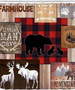 Rustic Woodland Cabin Shower Curtain, Moose Elk Deer Black Bear Wildlife Animal Hunting Lodge Red Plaid Patchwork