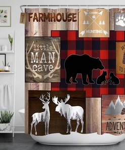 Rustic Woodland Cabin Shower Curtain, Moose Elk Deer Black Bear Wildlife Animal Hunting Lodge Red Plaid Patchwork