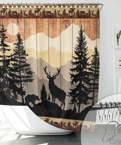 Rustic Woodland Cabin Shower Curtain with Bear and Deer Print 