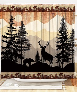 Rustic Woodland Cabin Shower Curtain with Bear and Deer Print