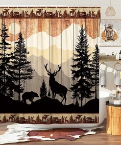 Rustic Woodland Cabin Shower Curtain with Bear and Deer Print 