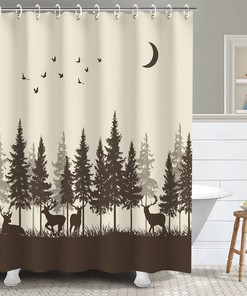 Rustic Woodland Hunting Shower Curtain with Forest Moose Pattern, Men's Bathroom Decor 