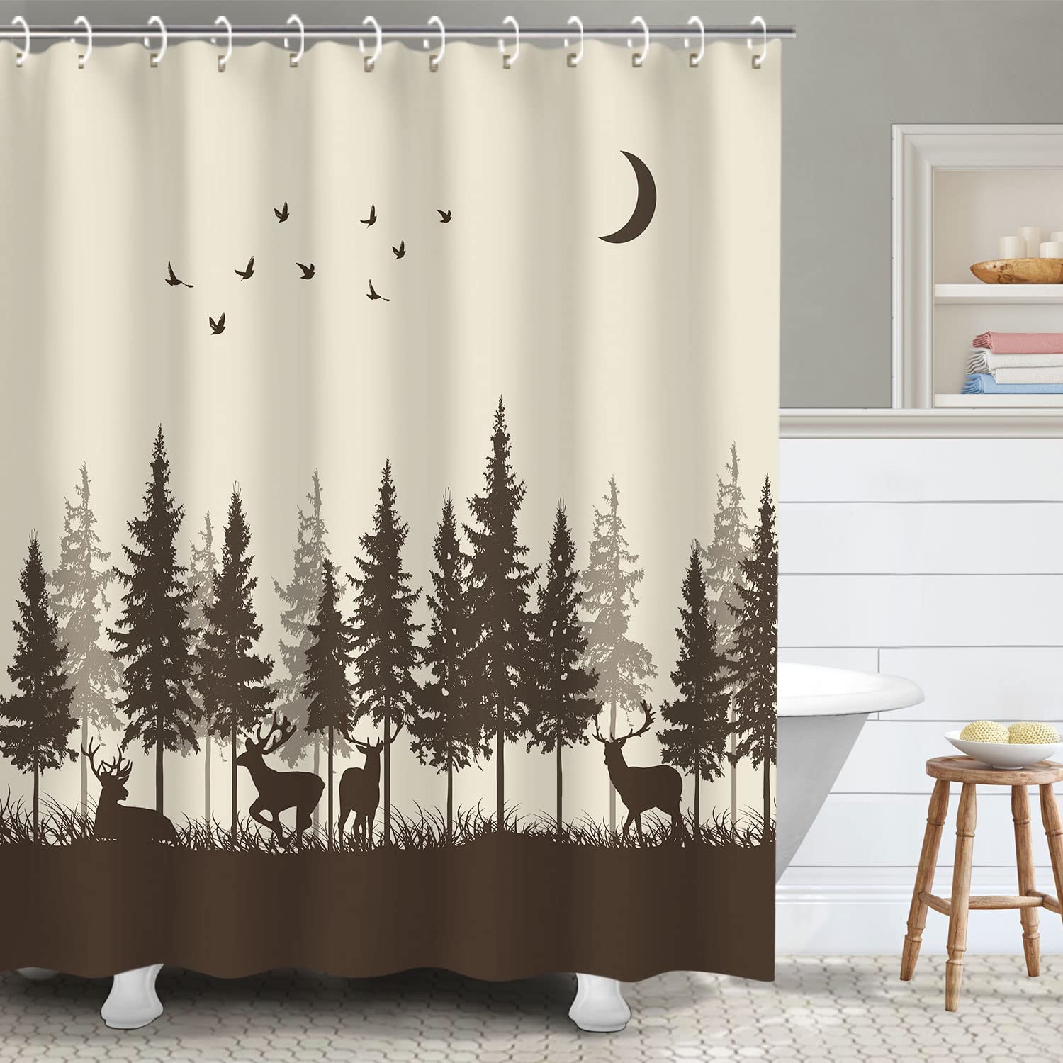 Rustic Woodland Hunting Shower Curtain with Forest Moose Pattern, Men's Bathroom Decor