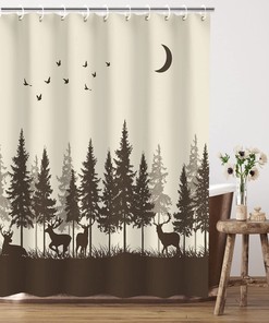 Rustic Woodland Hunting Shower Curtain with Forest Moose Pattern, Men's Bathroom Decor