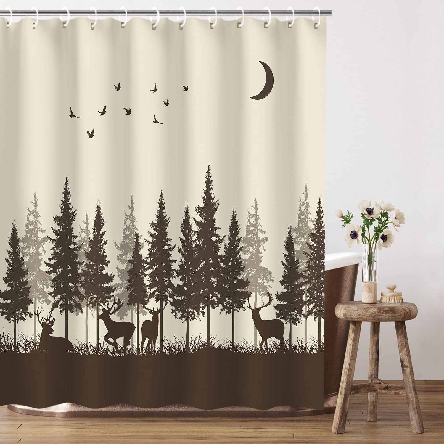 Rustic Woodland Hunting Shower Curtain with Forest Moose Pattern, Men's Bathroom Decor