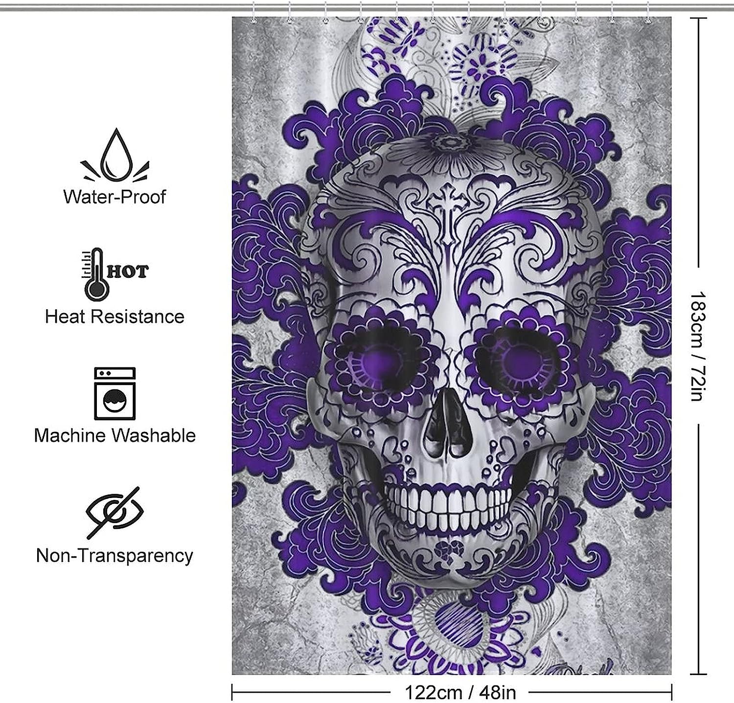 Rustproof Day Of The Dead Skull Shower Curtain For Bathroom Decor - Image 2