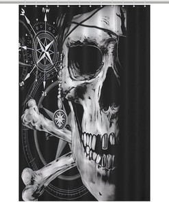 Rustproof Hooks Fabric Shower Curtain with Pirate and Skull Compass Print