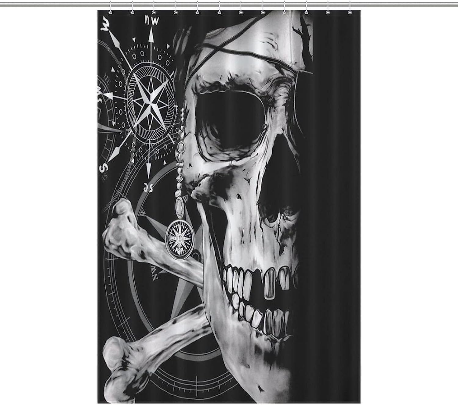Rustproof Hooks Fabric Shower Curtain with Pirate and Skull Compass Print
