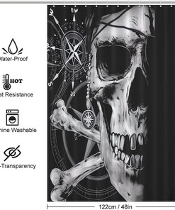Rustproof Hooks Fabric Shower Curtain with Pirate and Skull Compass Print