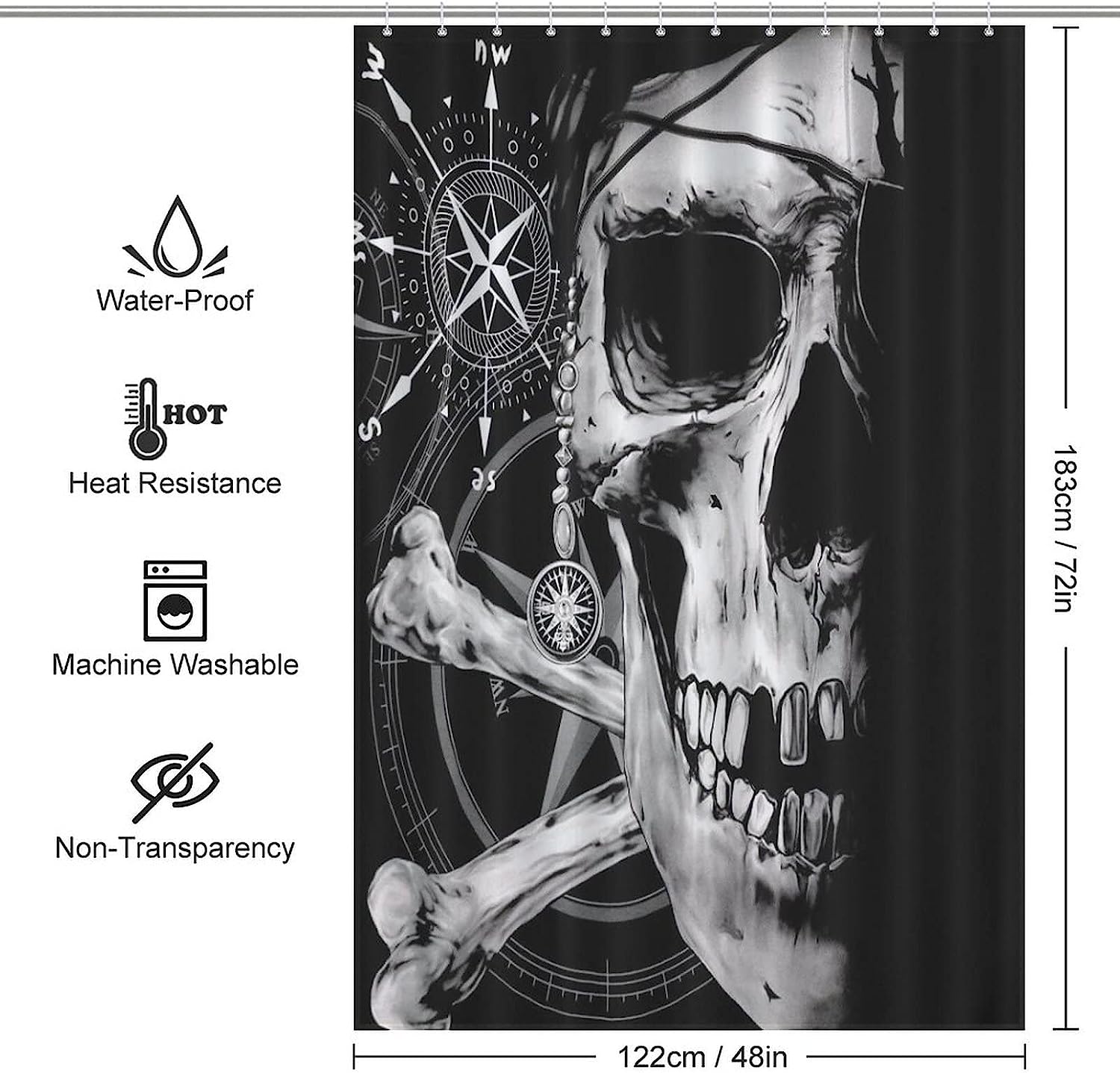 Rustproof Hooks Fabric Shower Curtain with Pirate and Skull Compass Print