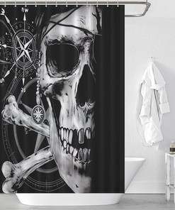 Rustproof Hooks Fabric Shower Curtain with Pirate and Skull Compass Print