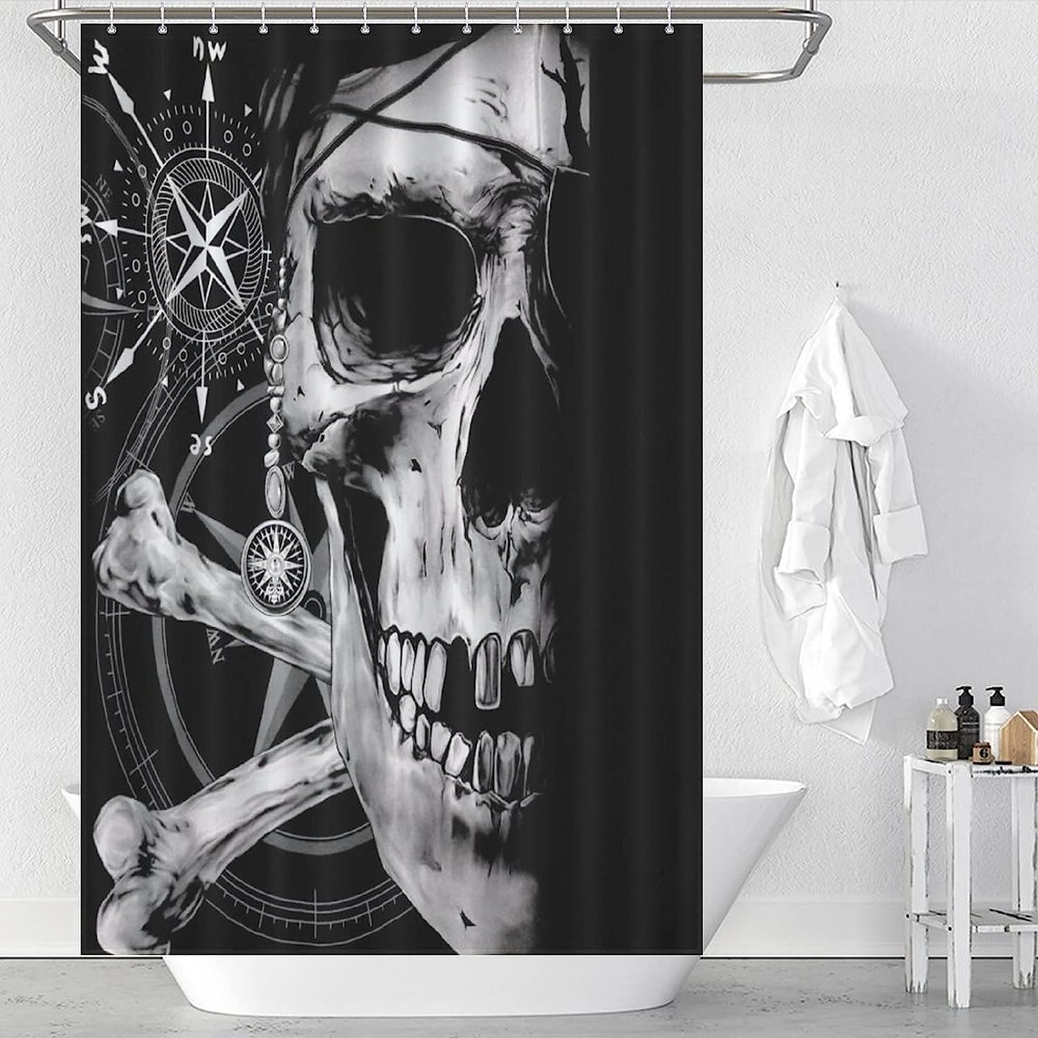 Rustproof Hooks Fabric Shower Curtain with Pirate and Skull Compass Print