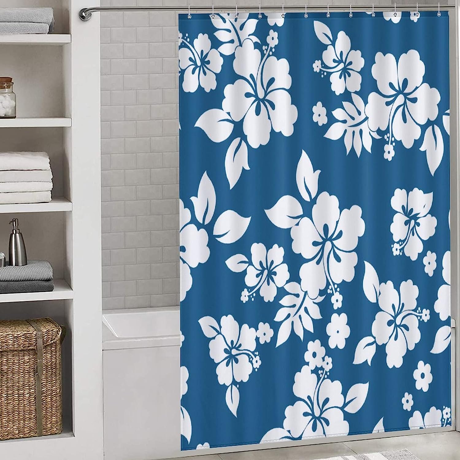 Rustproof Hooks Hawaii Flower Shower Curtain Fabric For Bathroom