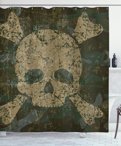 Rusty Aged Soldier Camo Print Skull Fabric Shower Curtain - Masculine Skull Bathroom Decor
