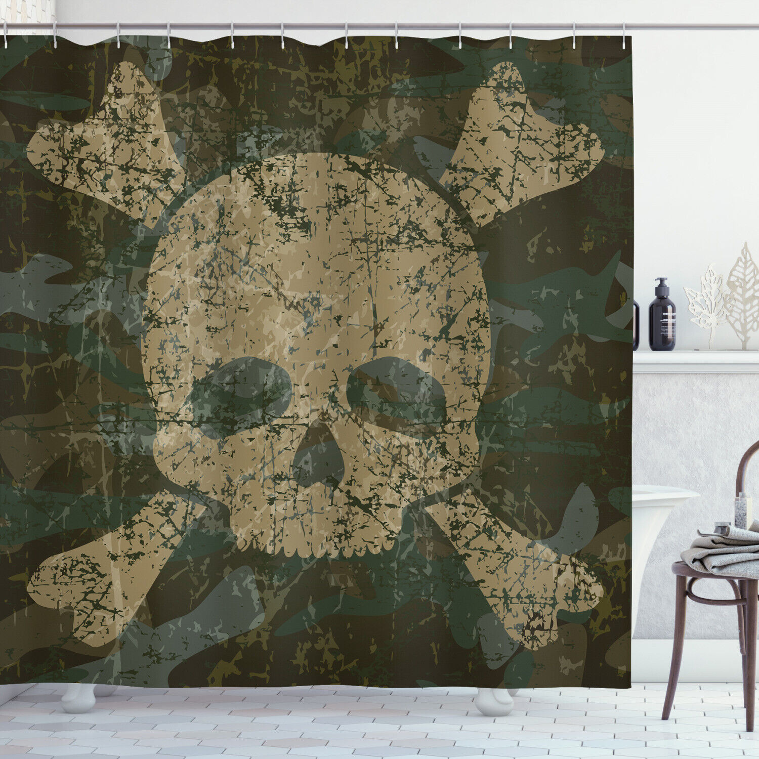 Rusty Aged Soldier Camo Print Skull Fabric Shower Curtain - Masculine Skull Bathroom Decor