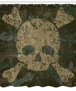 Rusty Aged Soldier Camo Print Skull Fabric Shower Curtain - Masculine Skull Bathroom Decor