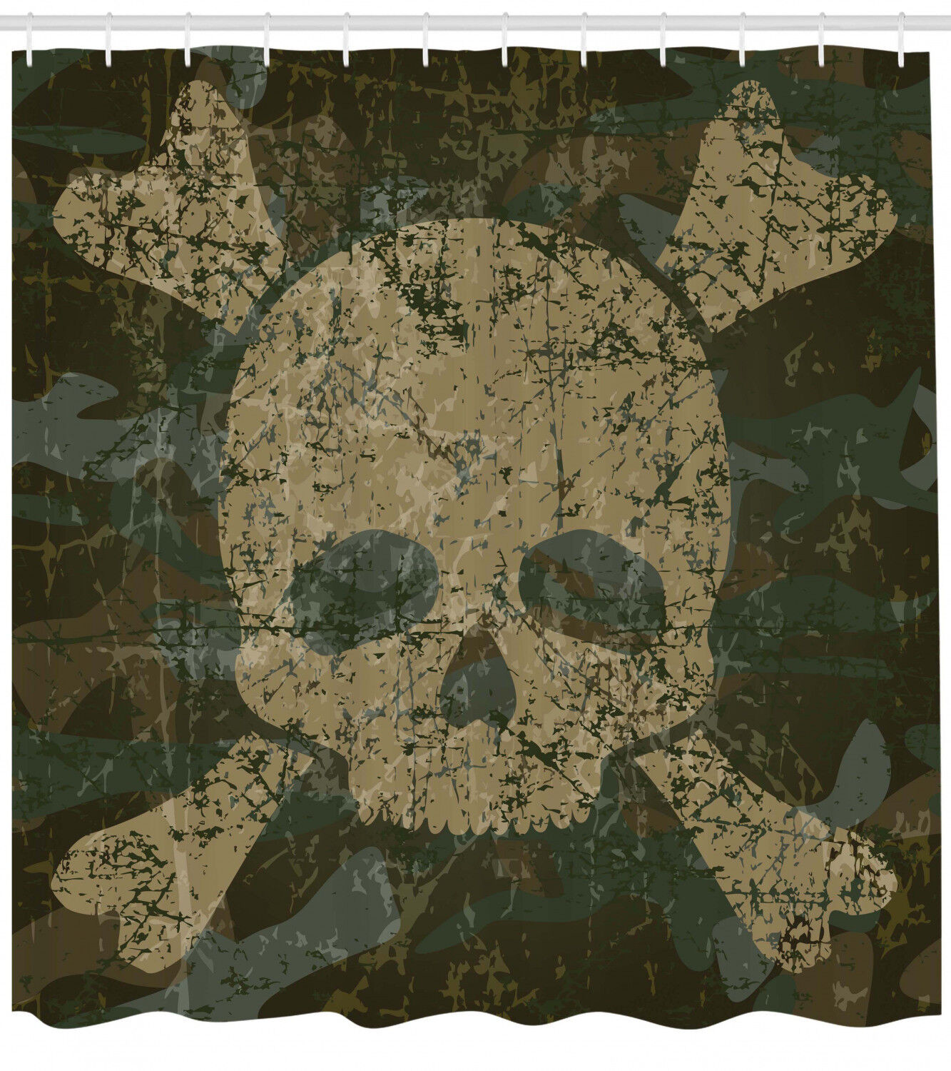 Rusty Aged Soldier Camo Print Skull Fabric Shower Curtain - Masculine Skull Bathroom Decor
