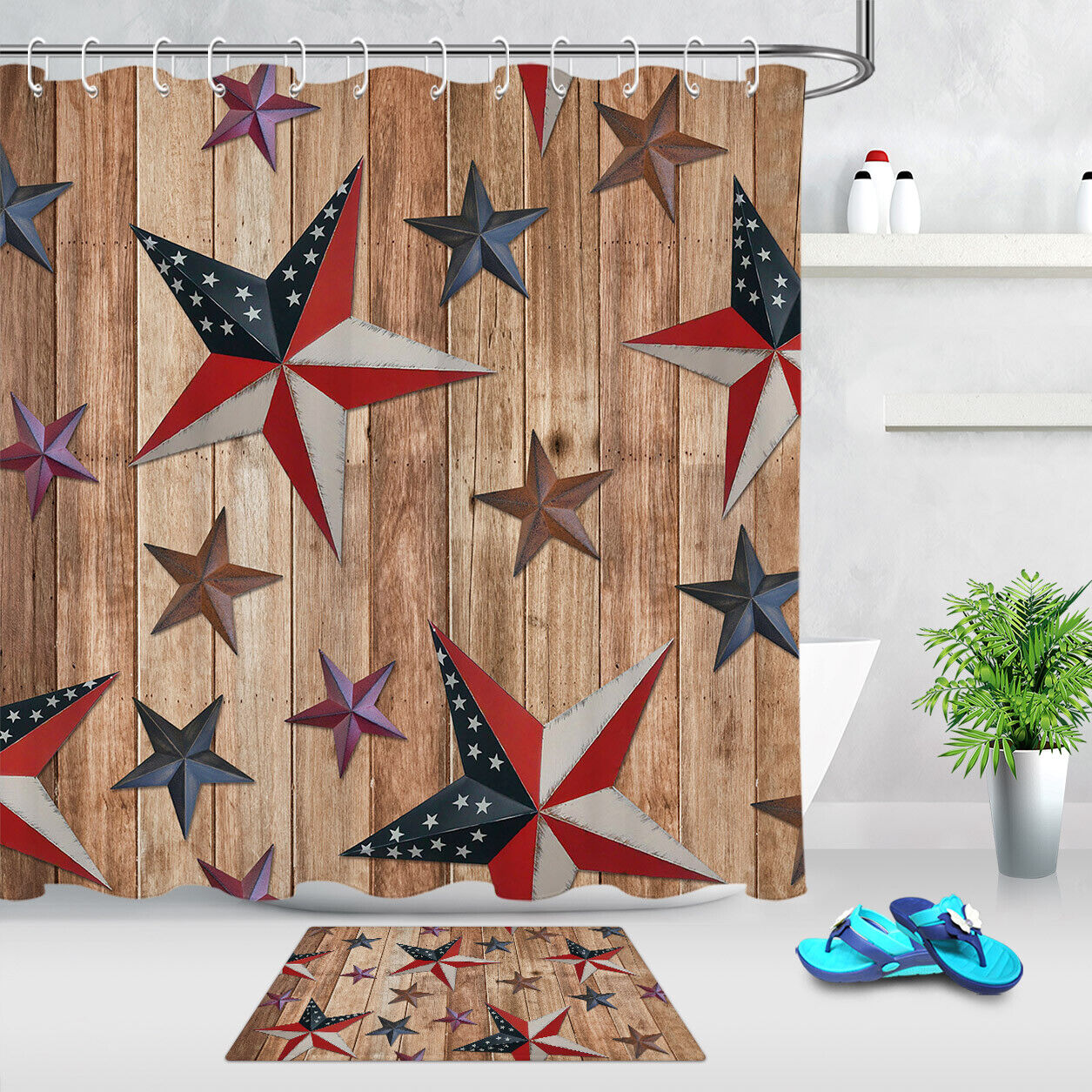 Rusty American Flag Wood Plank Waterproof Shower Curtain with Stars