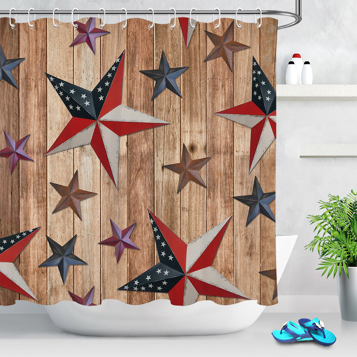 Rusty American Flag Wood Plank Waterproof Shower Curtain with Stars