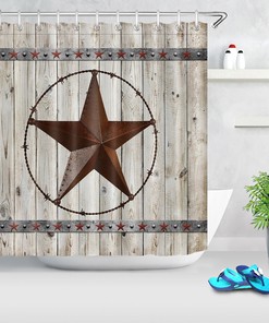 Rusty Iron Texas Star Wood Plank Fabric Shower Curtain Bathroom Decor