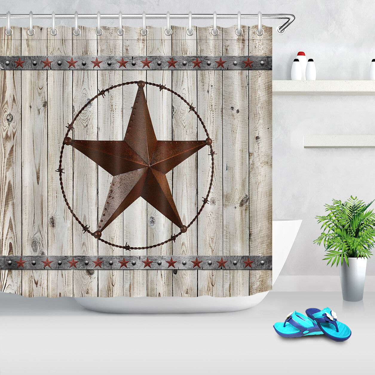 Rusty Iron Texas Star Wood Plank Fabric Shower Curtain Bathroom Decor